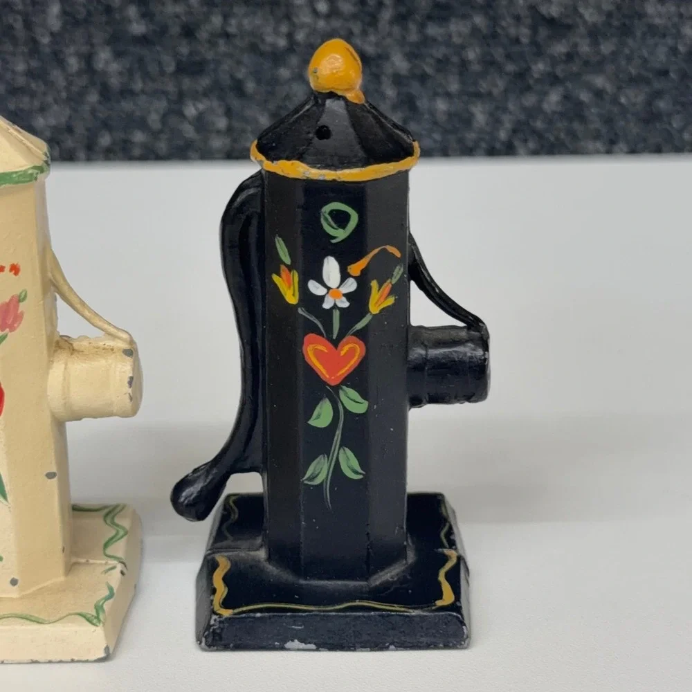 Vintage Cast Iron Water Pump Salt and Pepper Shakers Hand Painted Floral Set